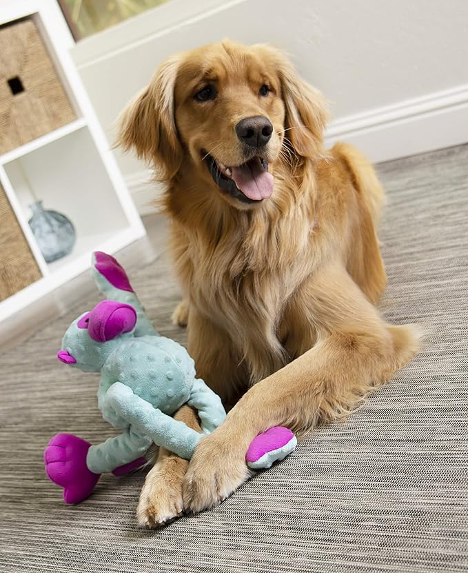 goDog Crazy Tugs Monkey Squeaky Plush Tug Dog Toy, Chew Guard Technology - Turquoise, Large