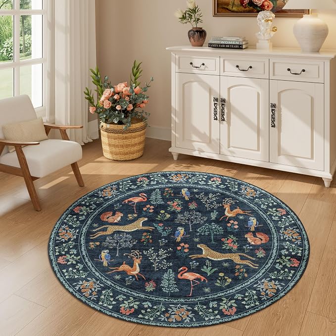DUKINO 4ft Round Rug, Washable Round Area Rug, Non Slip Indoor Low Pile Animal