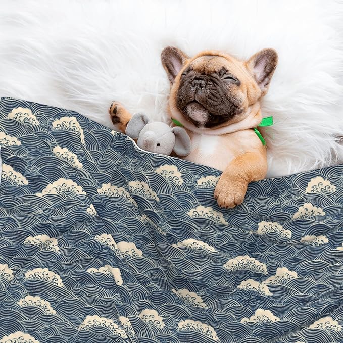 Waterproof Dog Blanket Soft Pet Blanket for Puppy Cat, Fleece Cat Throw Blankets for Furniture Bed Couch Sofa Reversible - Japanese Water Wave 1