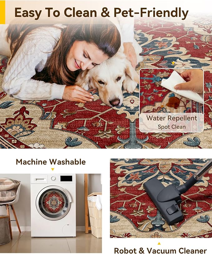 RELEANY Area Rugs Round 7ft Washable Non-Slip, Floral Vintage Distress