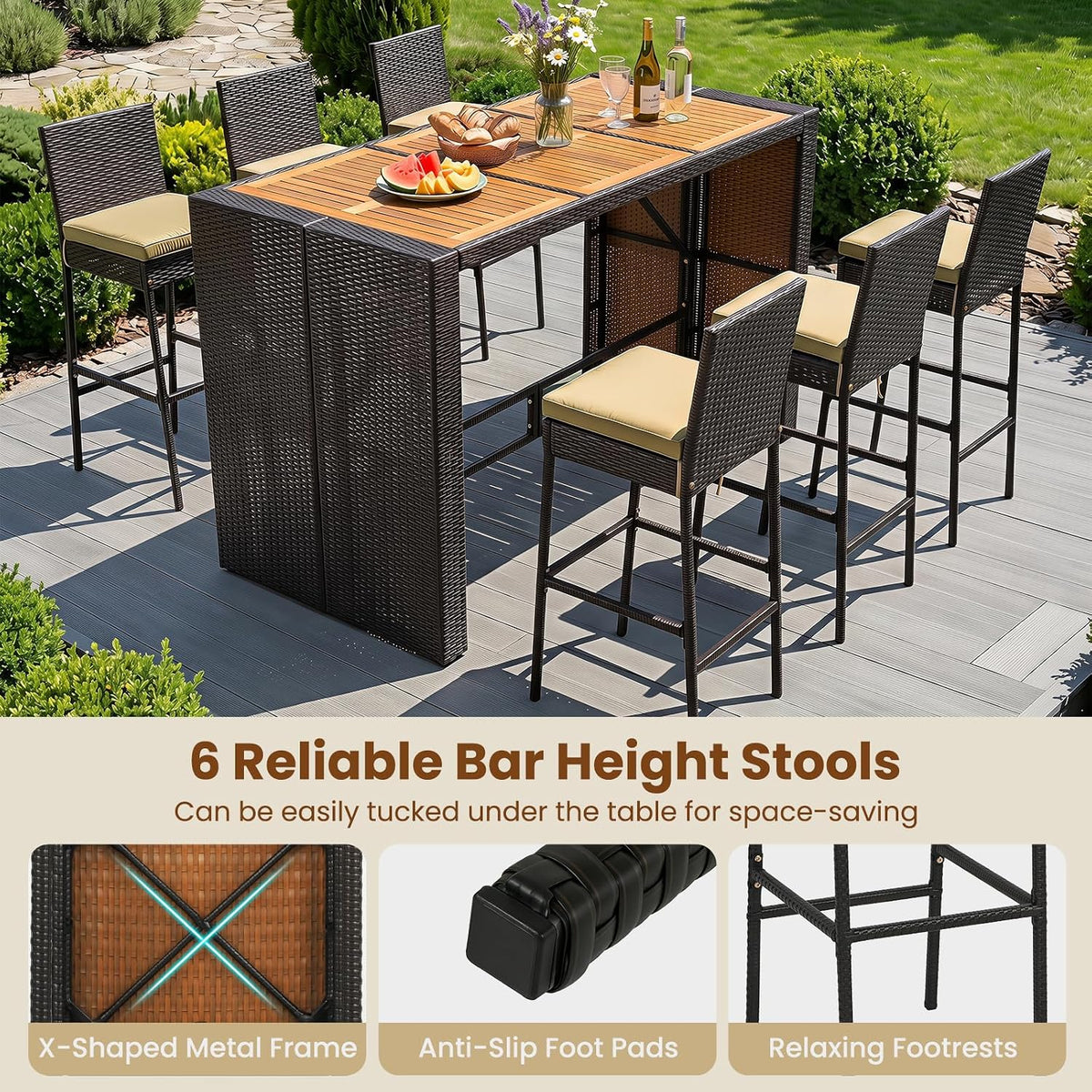 RELAX4LIFE 5-Piece Outdoor Bar Set - Wicker Rattan Bar Height Dining Table w/Acacia Wood Top 4 Bar Stools Chairs Seat Cushions Backrest Footrest Outside Patio Bistro Set for Backyard (Brown, 7-Piece)