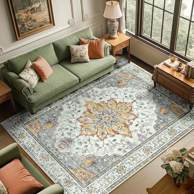 RELEANY Area Rugs 6'x9' Washable Non-Slip, Floral Vintage Distress Medallion