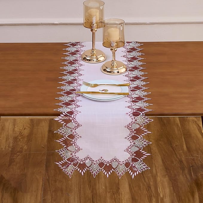 White Linen Lace Table Runners, Dresser Scarf | Red White Lace edge, Wedding