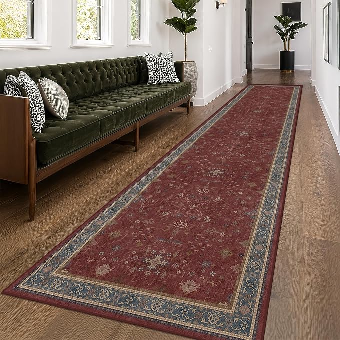 Hazo Haus Boho Washable 3x16 Extra Long Hallway Runner Rug, Burgundy Waterproof