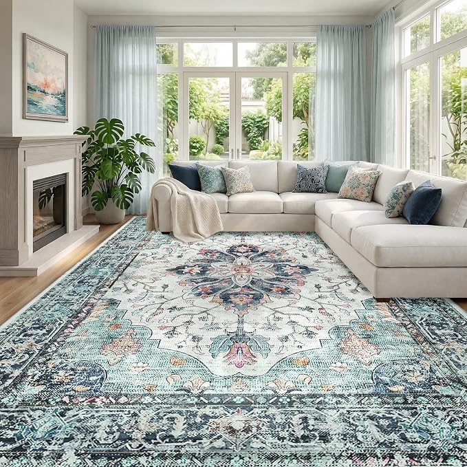 RELEANY Area Rugs Large 9'x12' Washable Non-Slip, Floral Vintage Distress