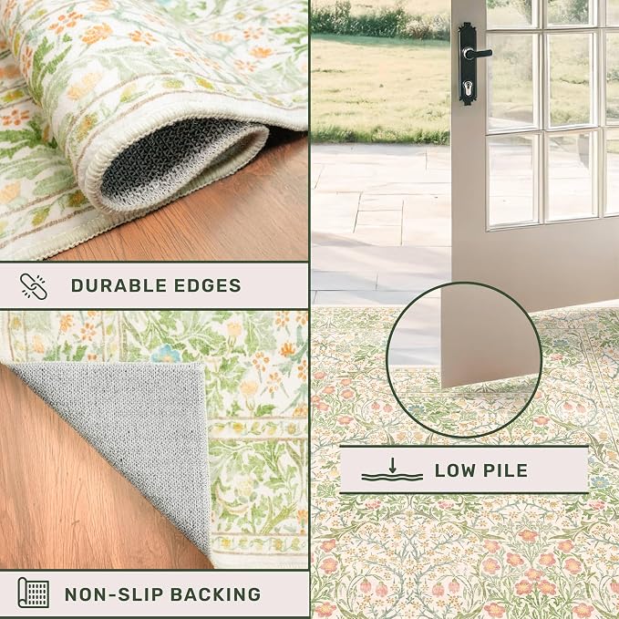 Washable Beige Green 5x8 Area Rug