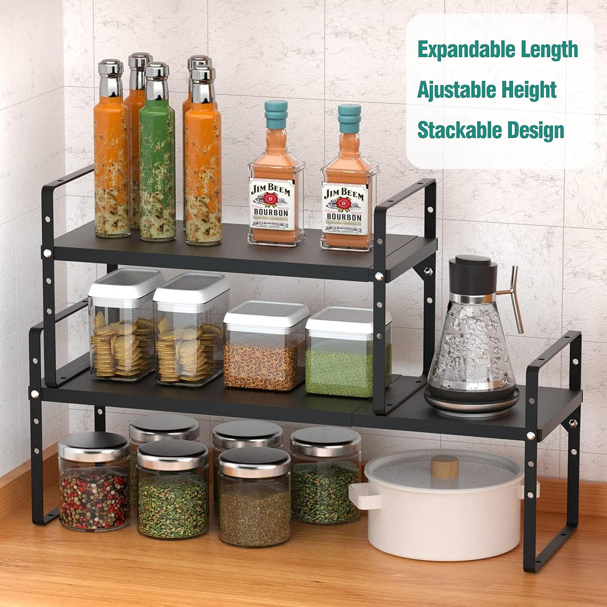 SUZLON Expandable Cabinet Shelf Organizer Rack, Stackable Kitchen Counter Storage Shelves Stand, Adjustable Height Pantry Shelf Spice Rack, Heavy Duty Nonslip Black Small 2Pack