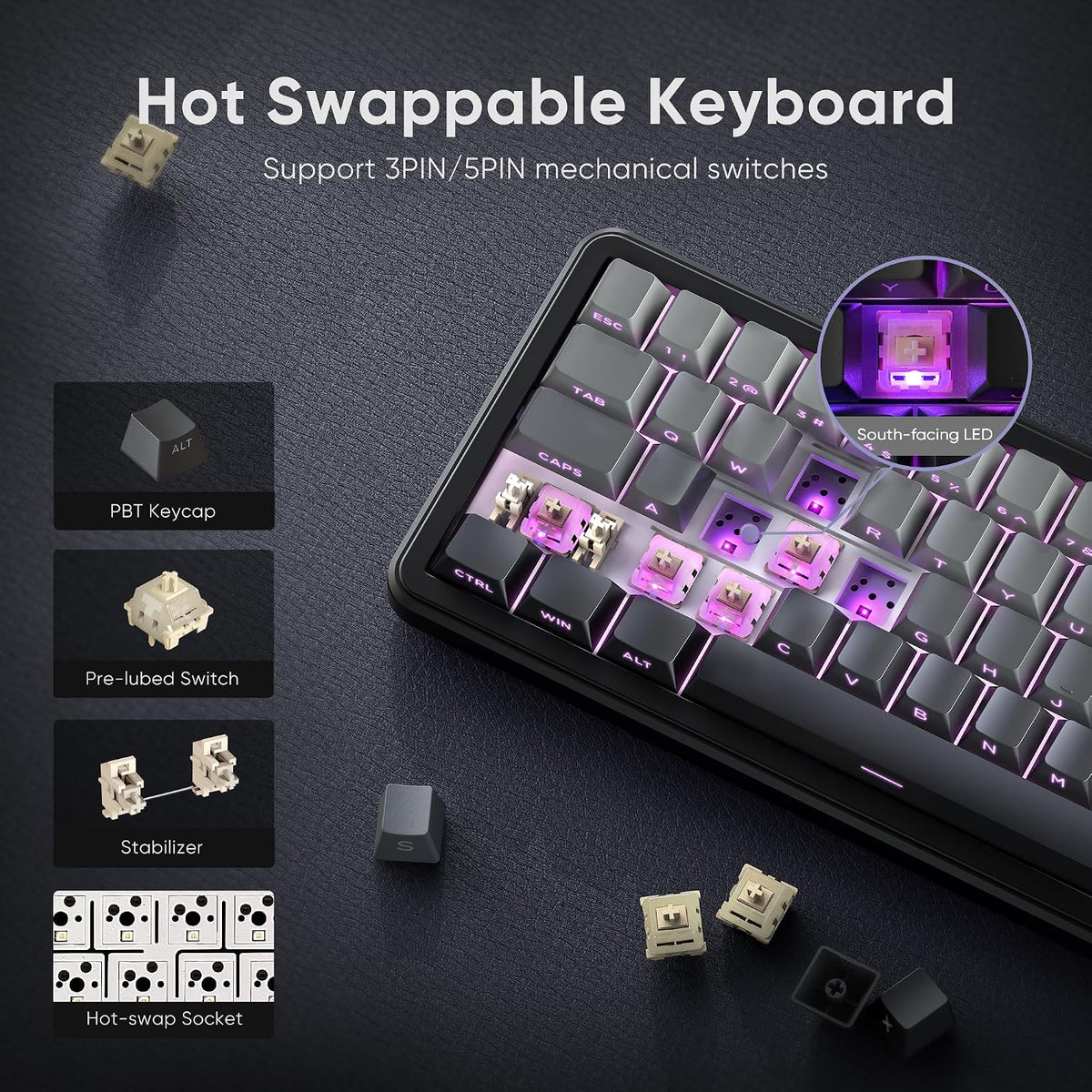 RedThunder K65 Wireless Mechanical Gaming Keyboard, Trip-Modes Connection, Gasket Custom Hot-Swap Keyboard, RGB Backlit, Pre-lubed Linear Switches, Side Engraved PBT Keycaps, Gradient Gray