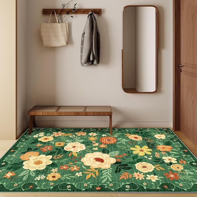 DUKINO 4x6 Area Rug, Lightweight Non Slip Washable Floral Rug, Indoor Low Pile