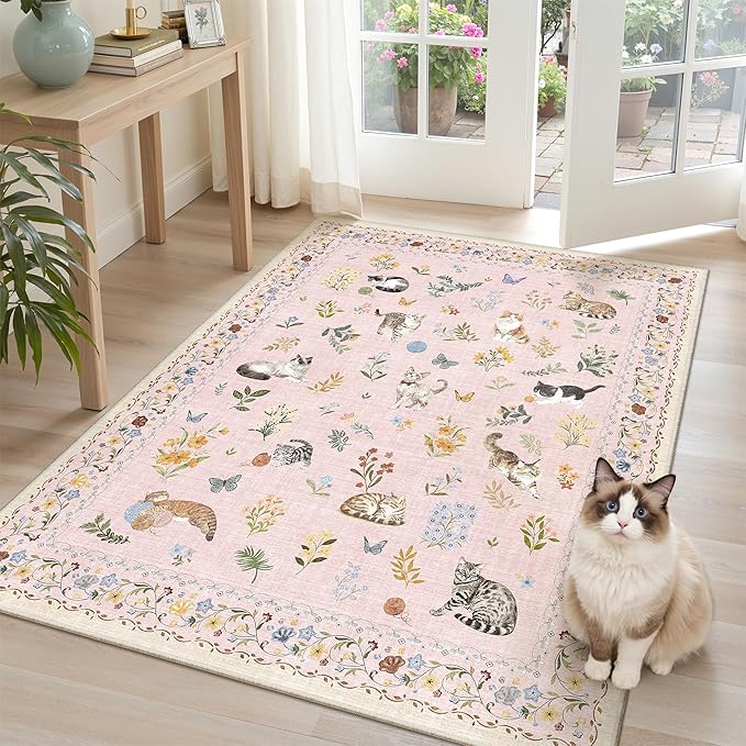 Soalmost Cat 3x5 Area Rugs for Entryway, Machine Washable Animal Floral Accent