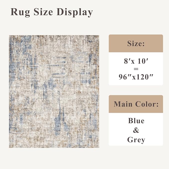 Washable 8x10 Area Rug – Modern Neutral Abstract Soft Non-Slip Stain-Resistant
