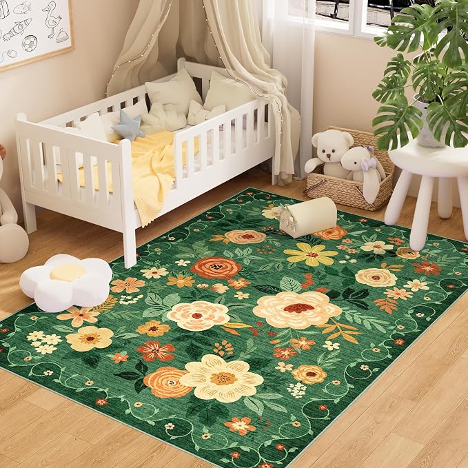 DUKINO 4x6 Area Rug, Lightweight Non Slip Washable Floral Rug, Indoor Low Pile