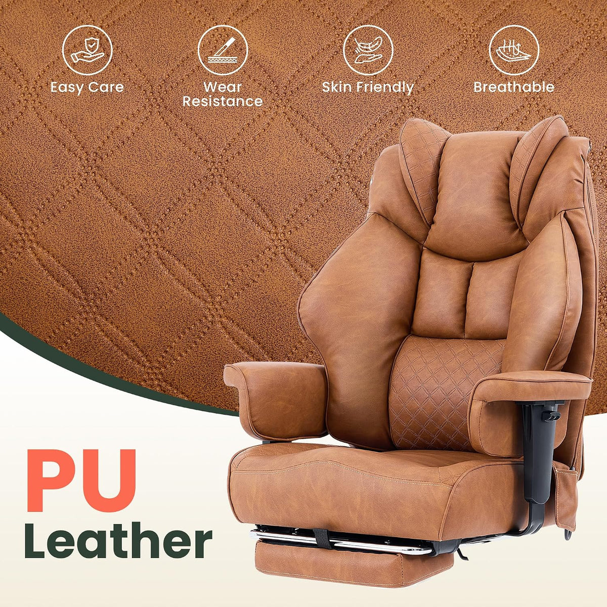CIOMAN 500lbs Big and Tall Office Chair Adjustable Lumbar Support, Extra Wide Seat Ergonomic Gaming Chair with Footrest, Heavy Duty High Back Executive Leather Computer Desk Chair, Brown