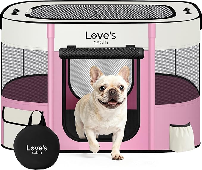 Love's cabin Pet Puppy Dog Playpen, Medium Dog Tent Crates Cage Indoor/Outdoor, Portable Exercise Playpen for Cat, Foldable Pop Up Dog Kennel Playpen with Carring Case (M, Light Pink)