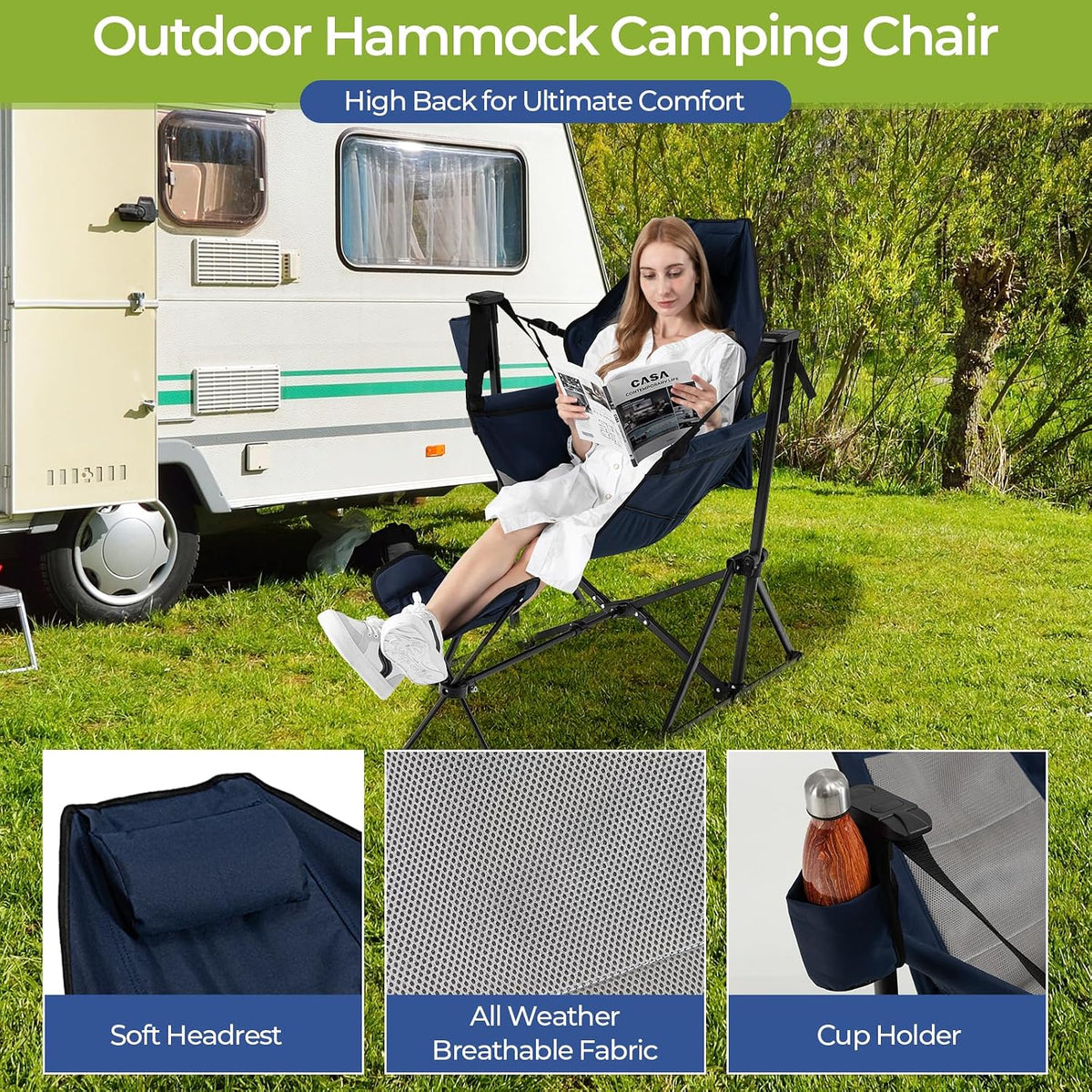 KOTEK Hammock Chair, Portable Camping Chair with Retractable Footrest, Adjustable Backrest, Headrest, Cup Holder & Carry Bag, Folding Rocking Chair for Outdoor Lawn Patio Travel Picnic Fishing (Navy)