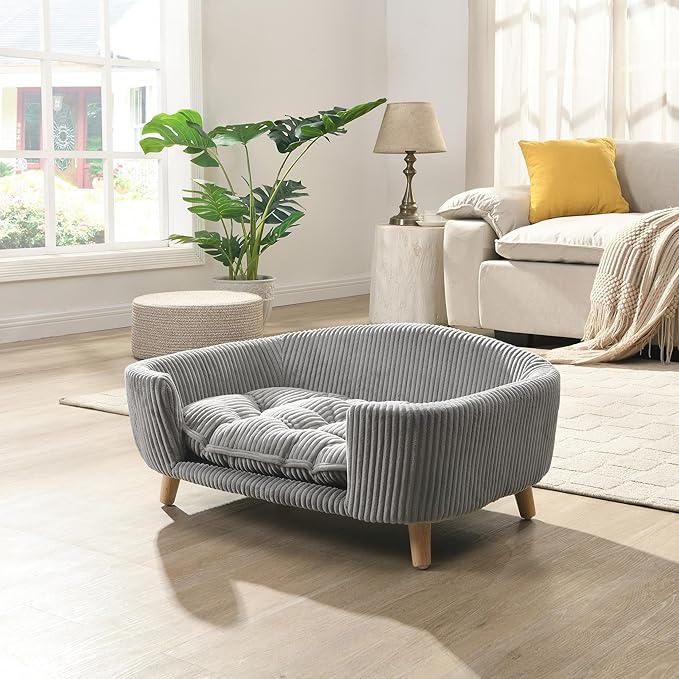 Vinsetto Elevated Dog Bed Frame for Small Dogs, Corduroy Pet Couch with Rubber Wood Legs and Supportive Foam, Easy Assembly, 30.25" L x 21.75" W x 14" H, Gray