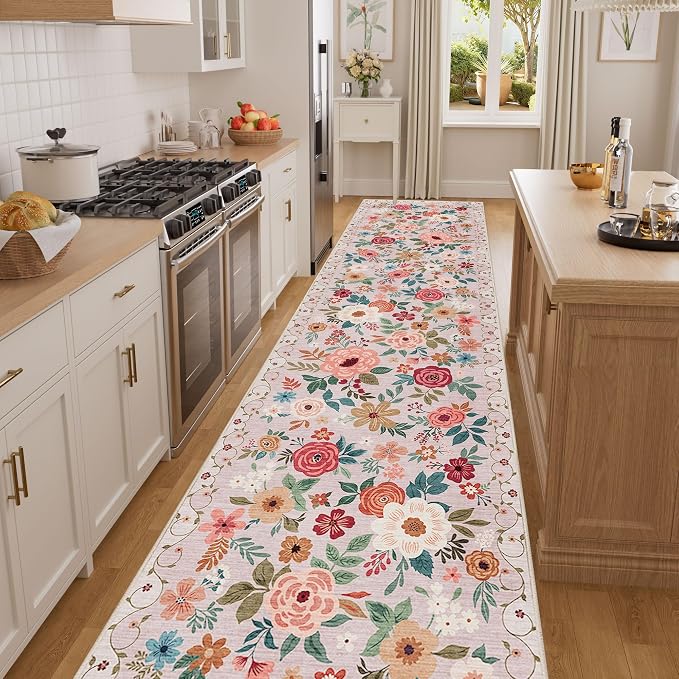 DUKINO 2.6x14 Kitchen Runner Rug, Lightweight Floral Washable Rug
