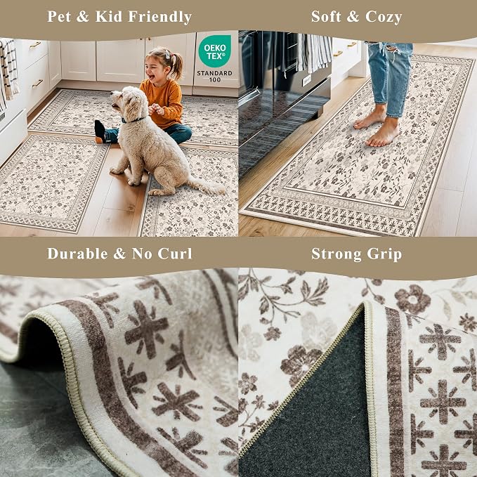 3-Piece Kitchen Rugs Set for Floor, Washable Non-Slip Farmhouse Kitchen Mats