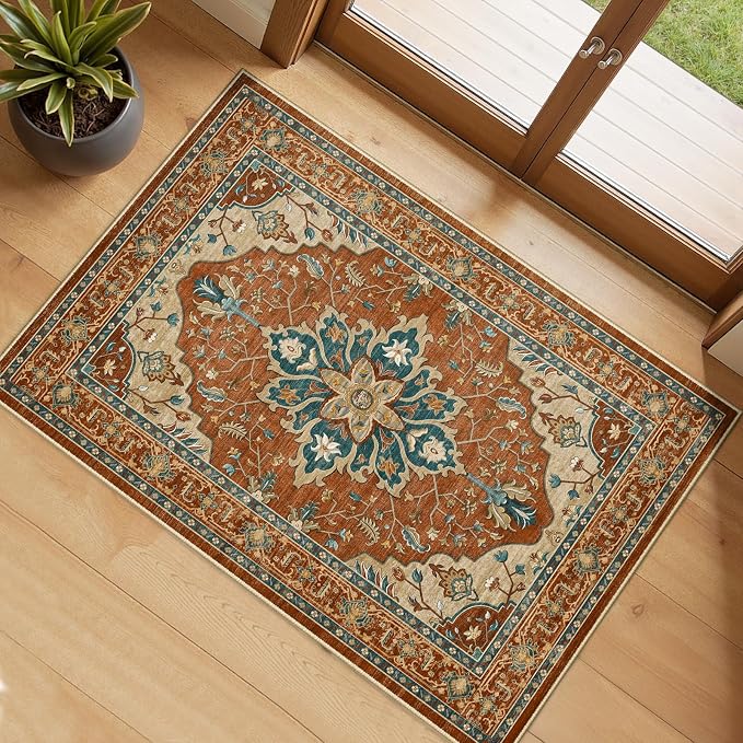 RELEANY Area Rugs Small 2'x4' Washable Non-Slip, Floral Vintage Distress