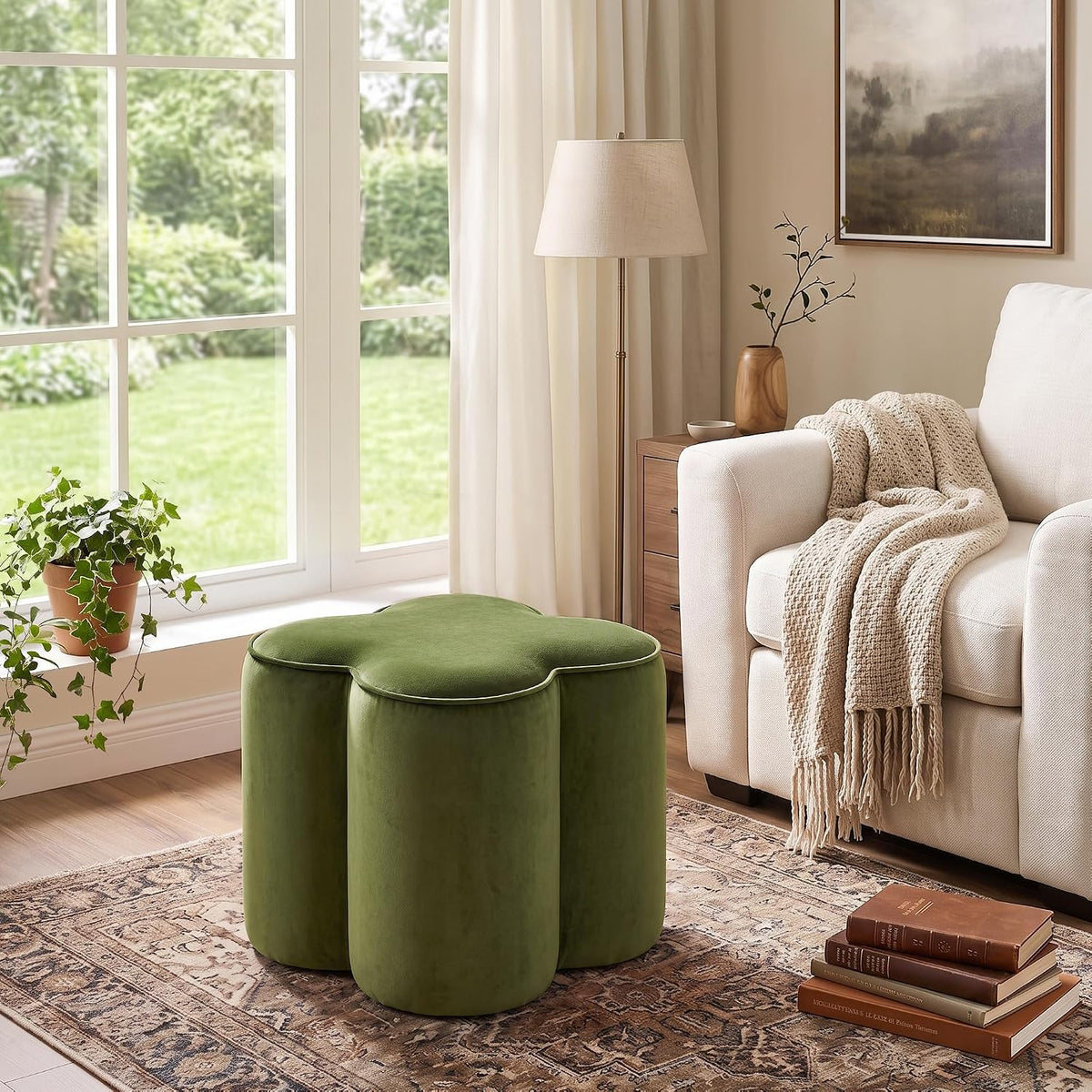 Olive Green Velvet Ottoman Set of 2, Modern Small Vanity Stool