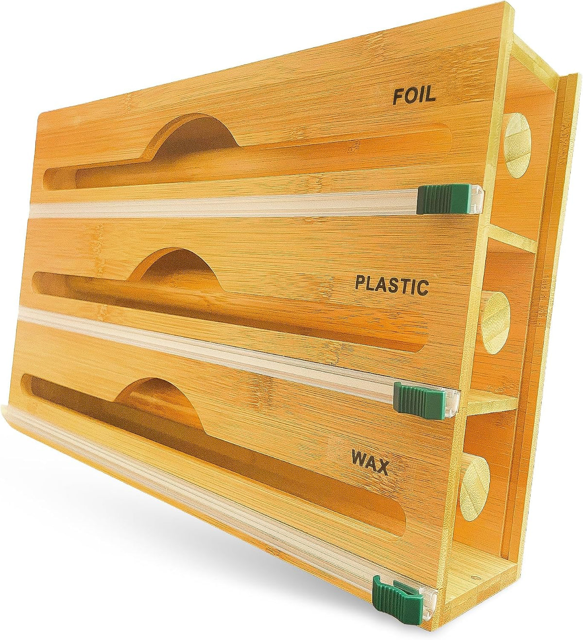3-in-1 Bamboo Wrap Organizer with Cutters, Labels, Interior Holders, Anti-Slip Pads - Kitchen Drawer, Pantry, Storage for Plastic Wrap, Aluminum Foil, Wax Paper, Kitchen Storage, 12" Roll Holder