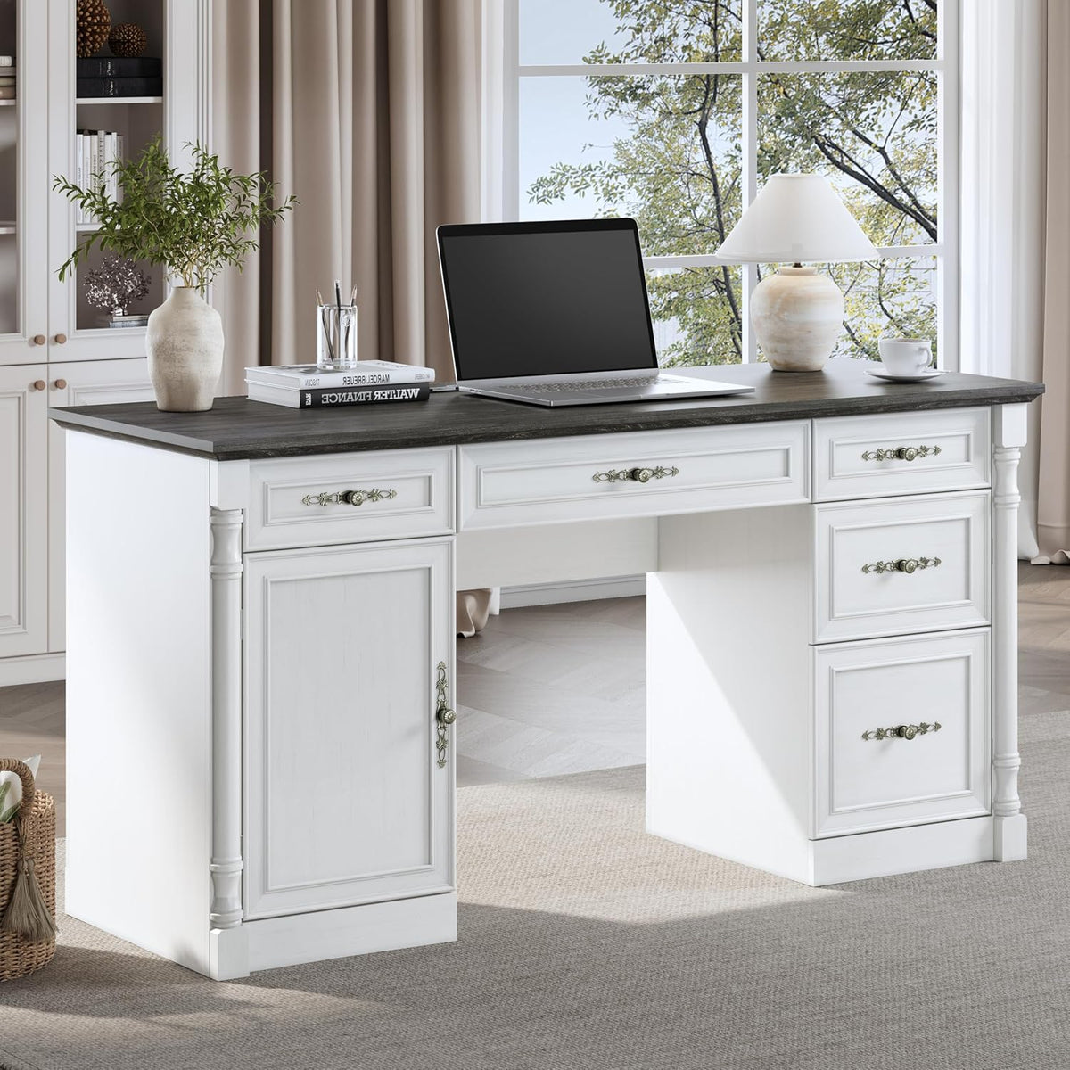 60" Farmhouse Executive Desk with Charging Station, Home Office Desk with Drawers & File Cabinet Storage, Keyboard Tray, Wood Computer Desk with Storage for Work and Study, Antique White