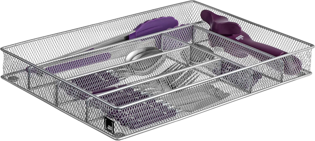 Mindspace Cutlery Organizer Silverware Tray with 6 Compartments | Kitchen Utensil Drawer Organizer | Silverware Tray for Drawer | The Mesh Collection, Silver