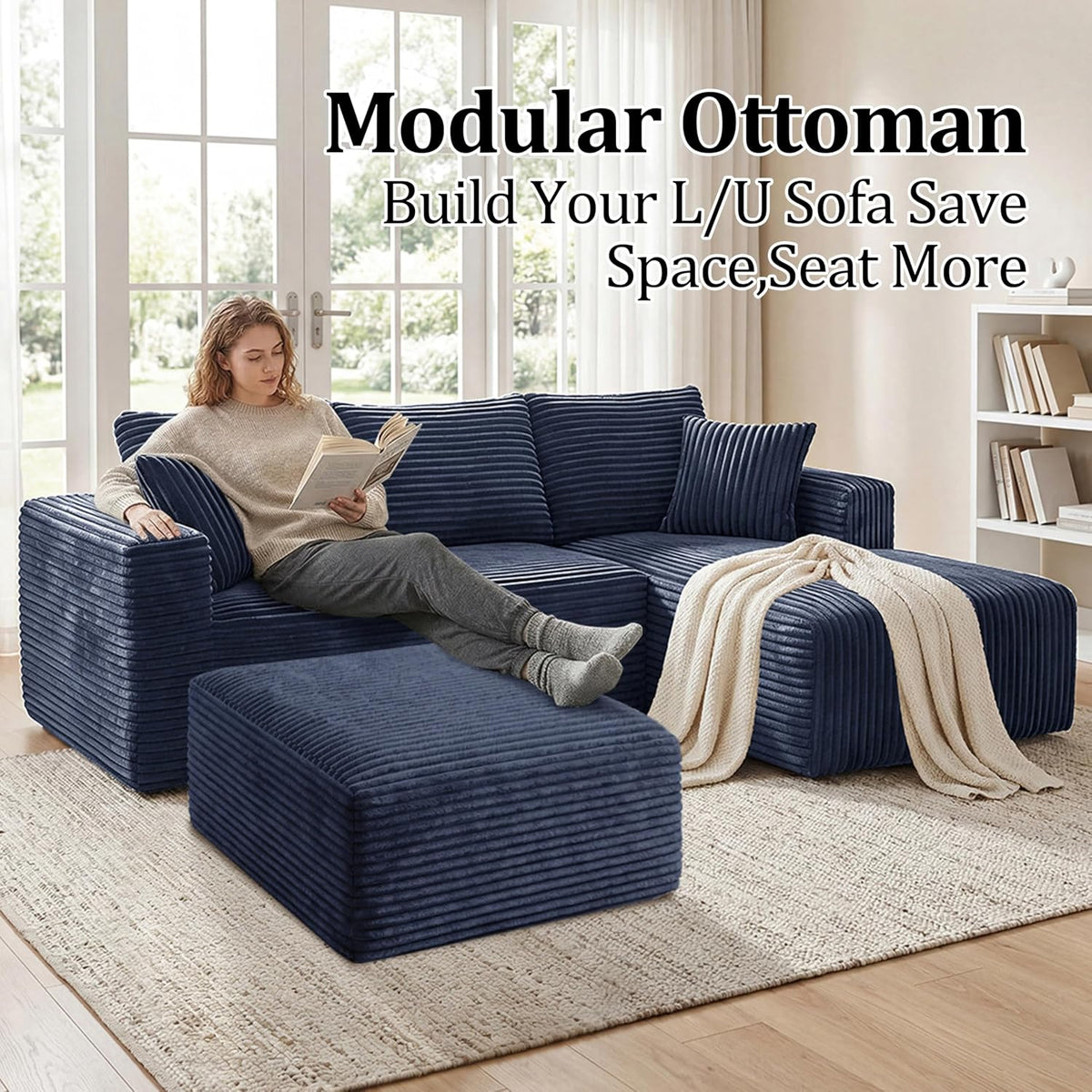 Boneless Ottoman, Modern Corduroy Cloud Foot Rest Foam Support, Oversized Modular Sectional Sofa Stool for Living Room, Bedroom & Small Spaces, No Assembly Required