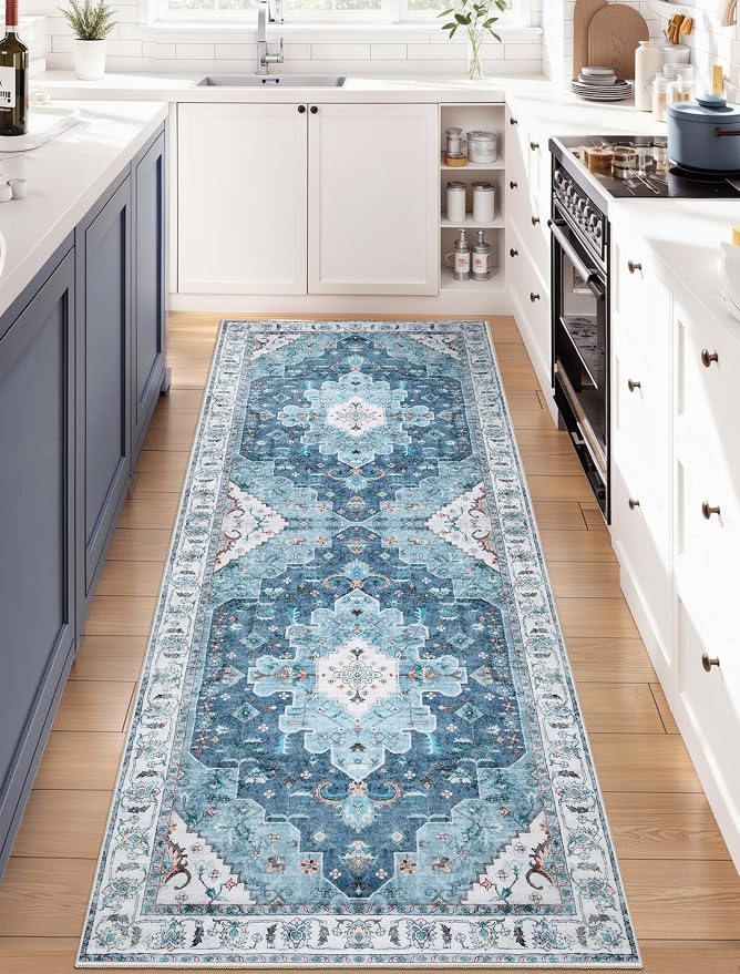 SERISSA Boho Washable Runner Rug, 2x6 Rug Non-Slip Vintage Blue Hallway Kitchen