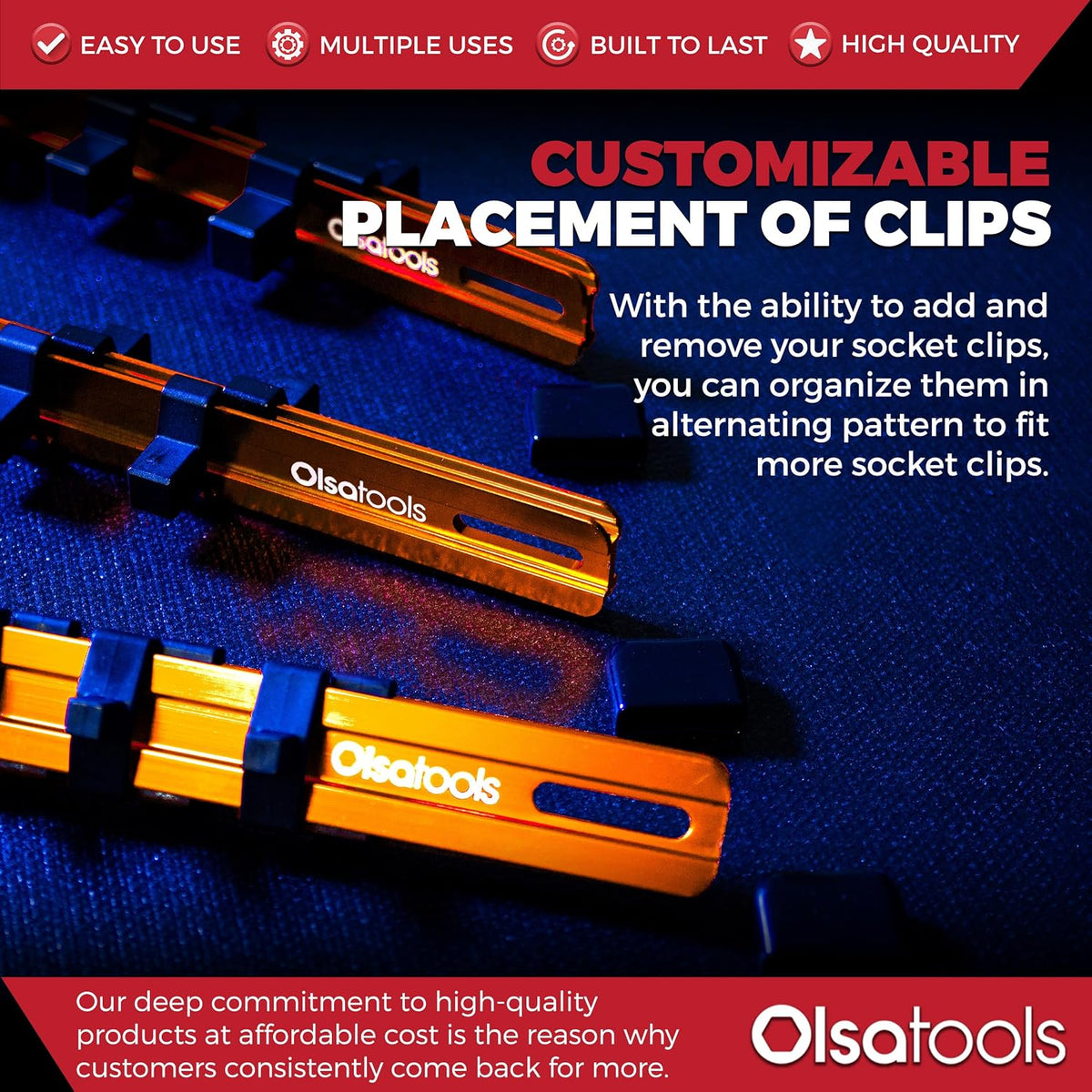 Olsa Tools 3pc Drive Socket Holder Rail, Red Aluminum, 58 Clips