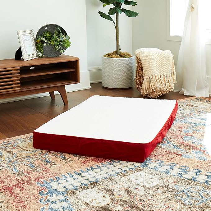 Happy Hounds Oscar Rectangle Orthopedic Foam Sherpa Dog Bed, Medium (42 x 30 in.), Red