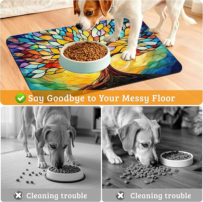 Tree of Life Feeding Mat,Colorful Tree Absorbent Quick-Dry Cat Dog Food and Water Bowl Mats,Non-Slip Rubber Backing Mat,Cat Dog Accessories Supplies 12" x 20"
