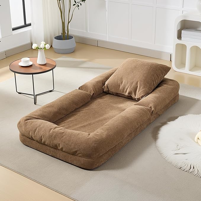 GarveeHome Human Dog Bed for Adult, Comfy Lazy Sofa Bed with 2 Pillows & 5 Adjustable Position, Chenille Upholstered Lounge Chair for Living Room Bedroom Brown