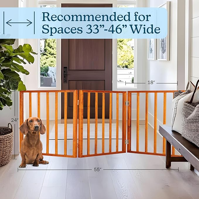 Pet Gate - 3-Panel Indoor Foldable Dog Fence for Stairs or Doorways - 54x24-Inch Retractable Wood Freestanding Dog Gates by PETMAKER (Mahogany)