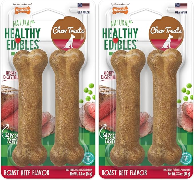 Nylabone Healthy Edibles Natural Dog Chews Long Lasting Roast Beef Flavor Treats for Dogs, Small/Regular (2 Count) (Pack of 2)