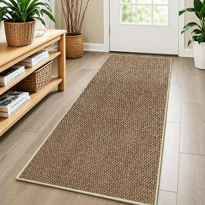 Faux Jute Hallway Runner Rug 2'x8', Washable & Non-Slip, Taupe | 0.27" Low Pile