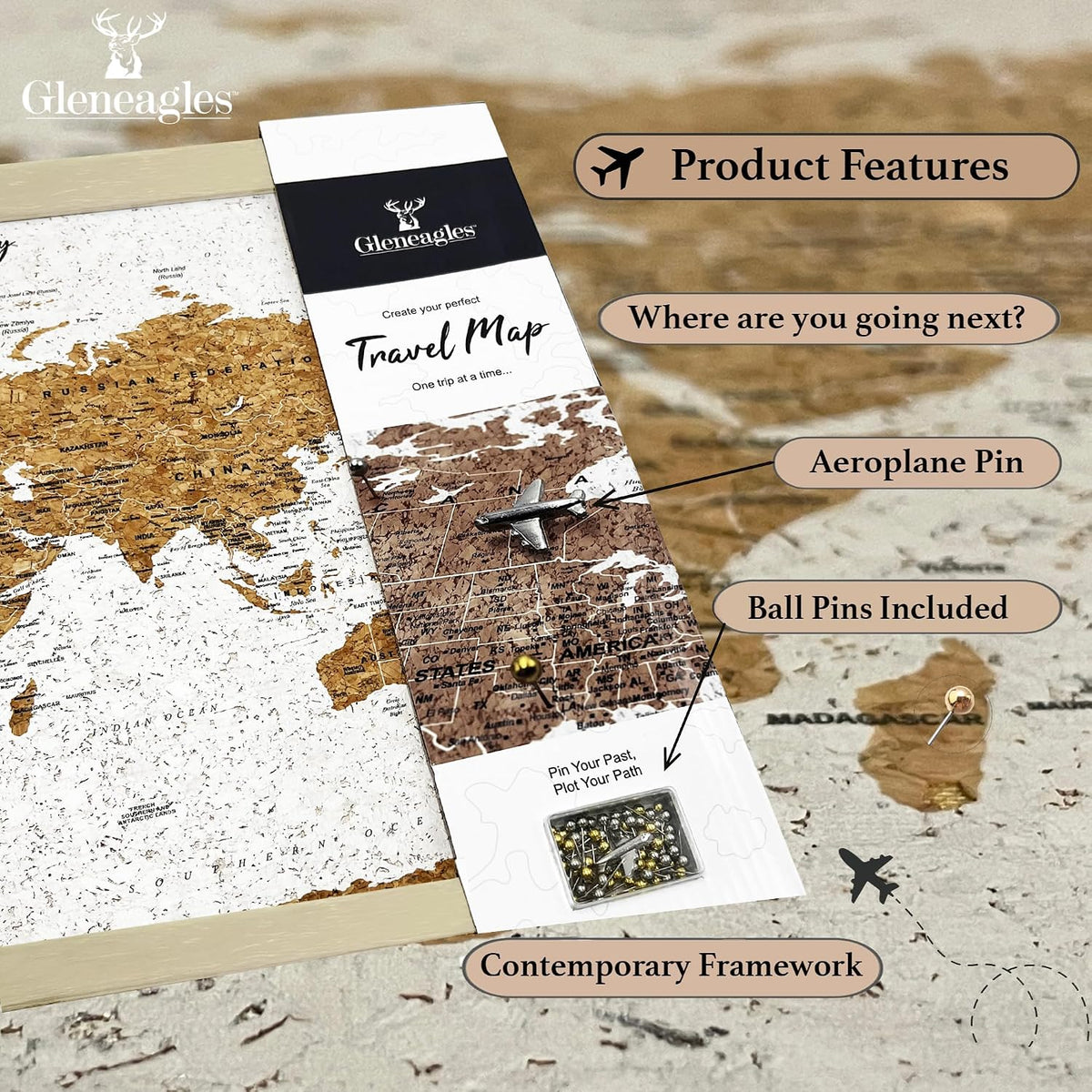 Gleneagles World Travel Map Pin Board - Beige Cork, 70 Pins, Wall Decor