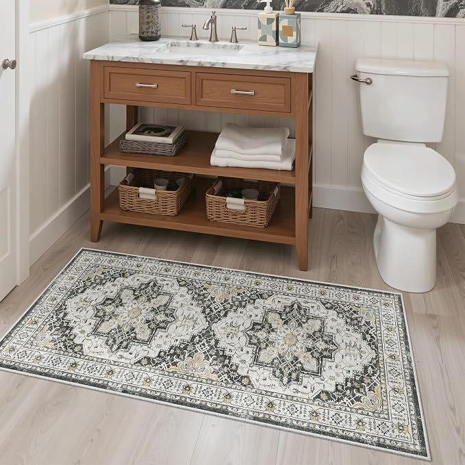 Madane Washable Area Rug 2x4, Small Entryway Rug Non-Slip Vintage Door Mat