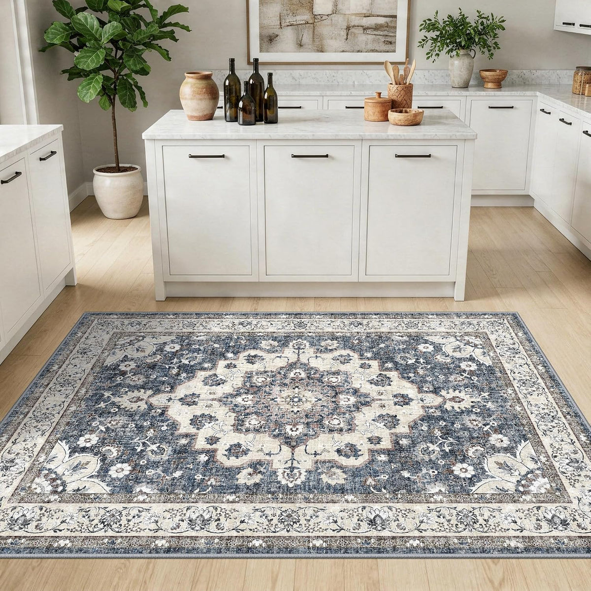 Washable 3x4 Entryway Area Rug: Non-Slip Stain Resistant Floor Mat Light Weight Thin Runner Rug for Hallway Kitchen Bedside Soft Low-Pile Indoor Entrance Carpet for Family with Cats & Dogs (3x4,Blue)