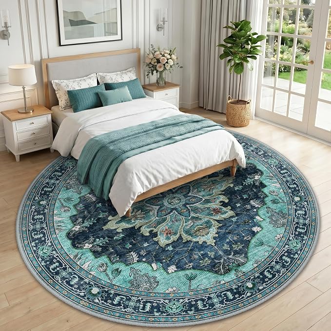RELEANY Area Rugs Round 10ft Washable Non-Slip, Floral Vintage Distress