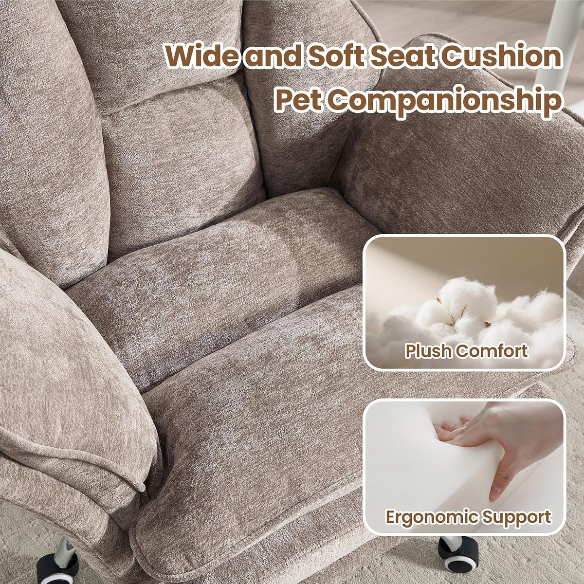 Big and Tall Office Chair with Flip Arms and Footrest, Chenille Criss Cross Legged Home Office Desk Chair with Pet Seat, Comfy Reclining Computer Gaming Chair, Khaki