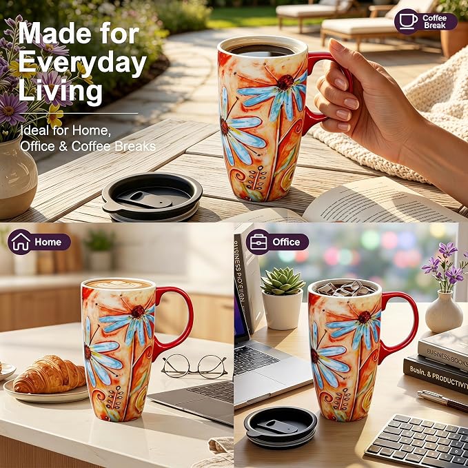 Topadorn 17 oz Ceramic Travel Mug, Colorful Floral Coffee Mug