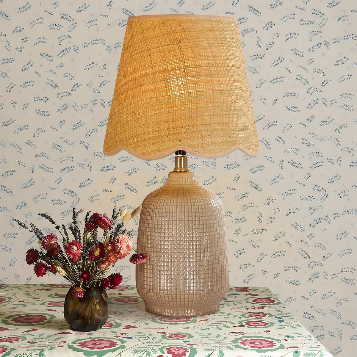 Pia Ricco 19" Modern Ceramic Table Lamp for Living Room Gray Camel Base Desk Lamps for Bedroom Farmhouse Bedside Nightstand Lamp End Table Lamps,Pink,Rattan Shade