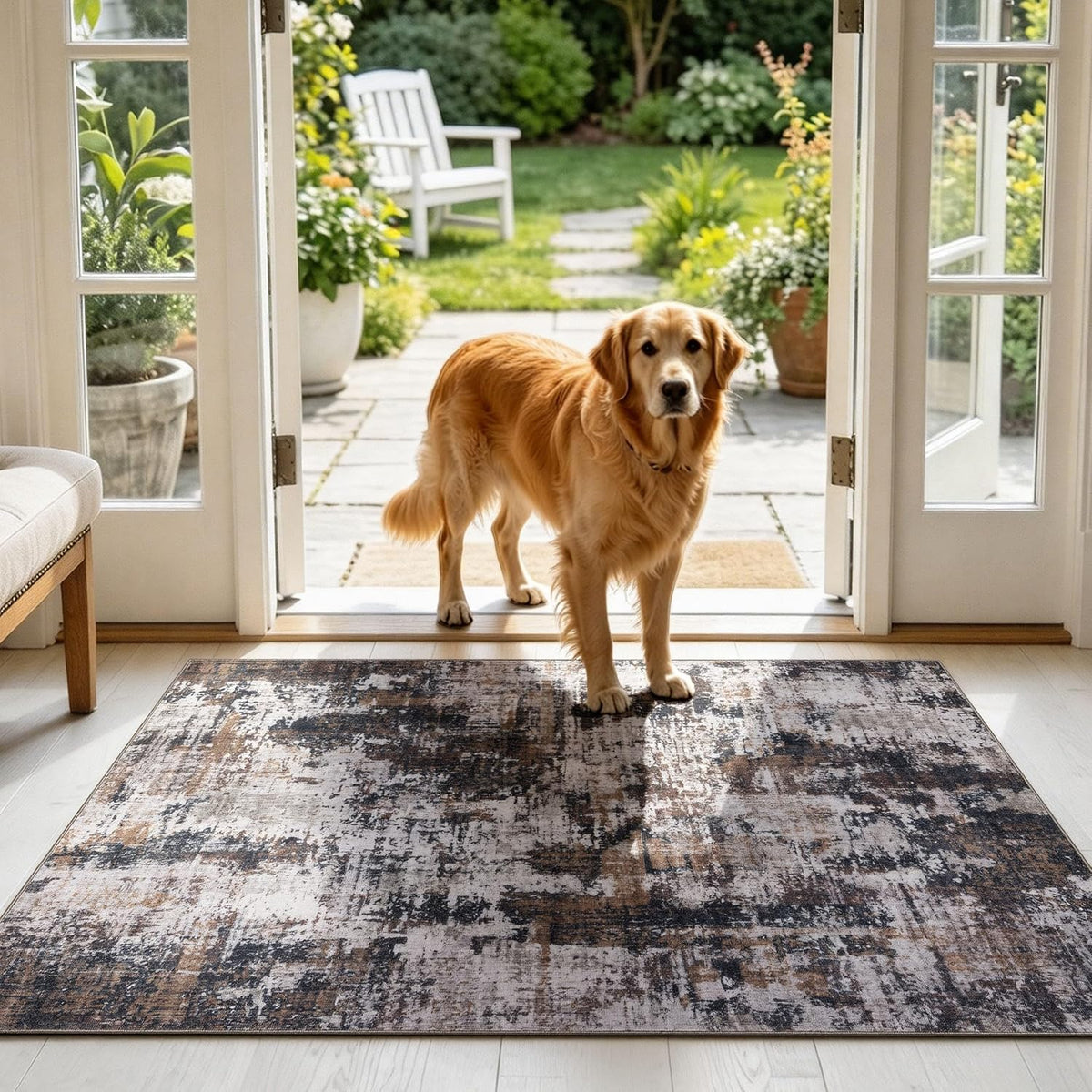 Sasttie 3x5 Entryway Area Rug, Modern Abstract Small Carpet, Black & Brown