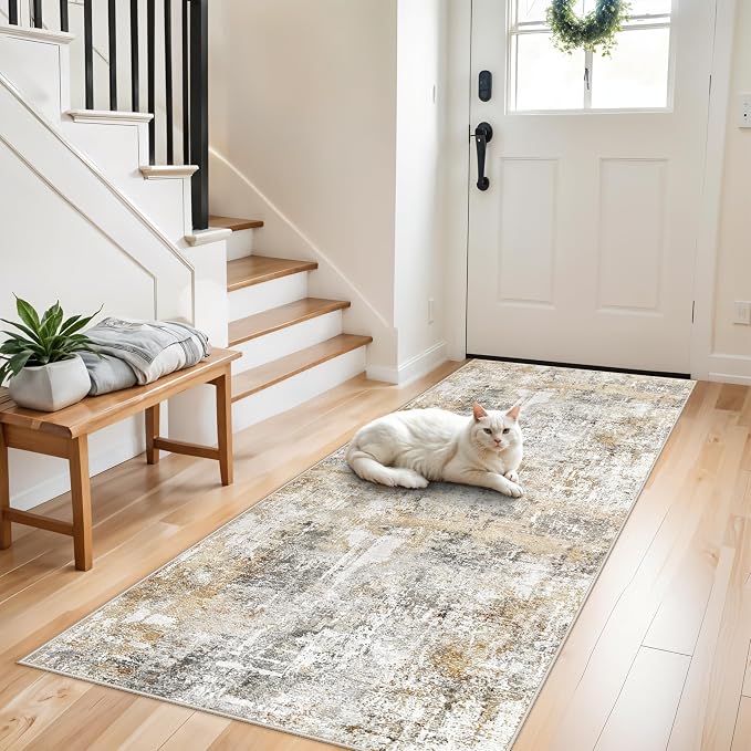 3x7 Washable Non-Slip Kitchen Runner Rug – Modern Abstract Neutral Beige & Gray