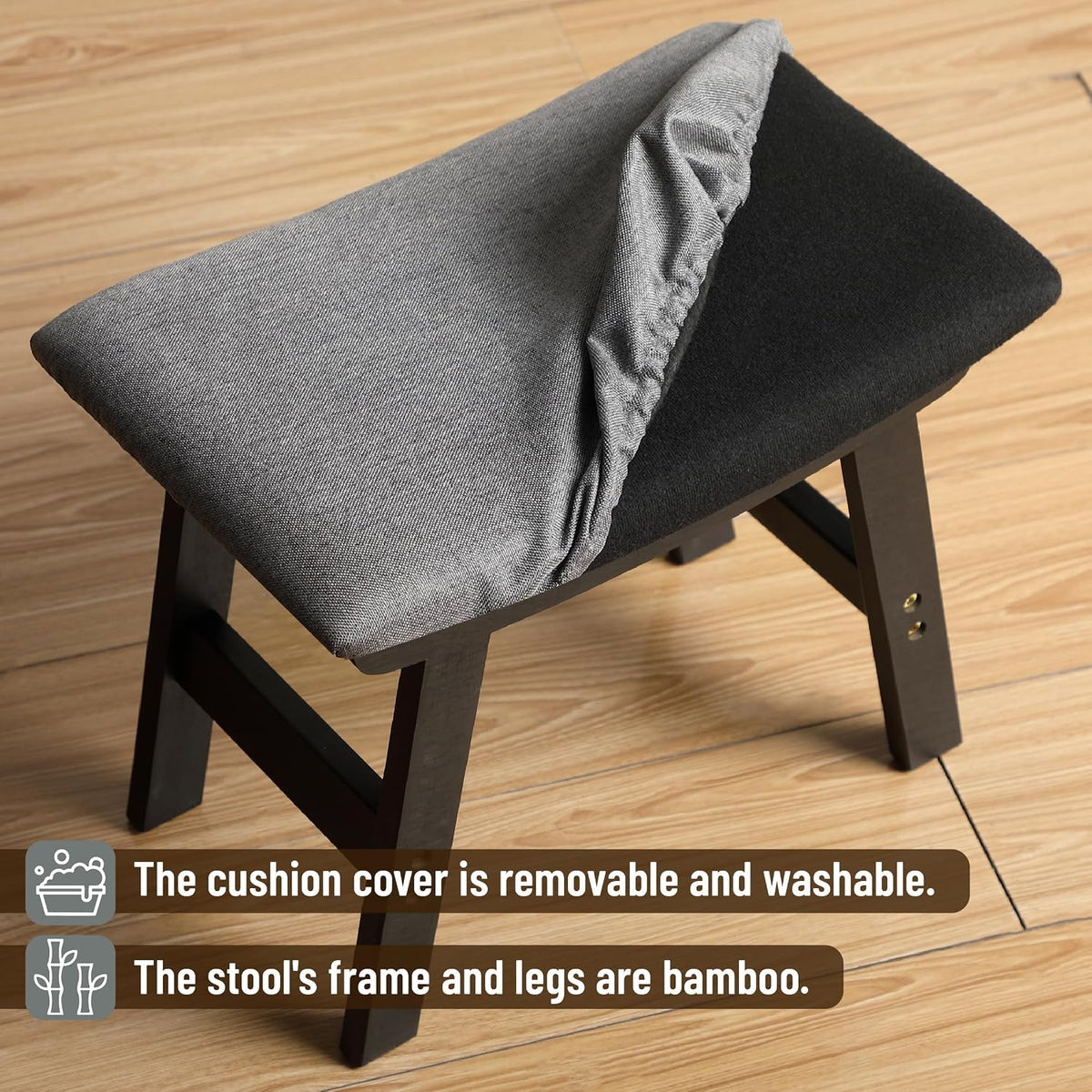 BAMBOO LAND- Bamboo Foot Stools Ottoman, Gray Cushion & Black Wood Legs, Small Ottoman Foot Rest for Couch