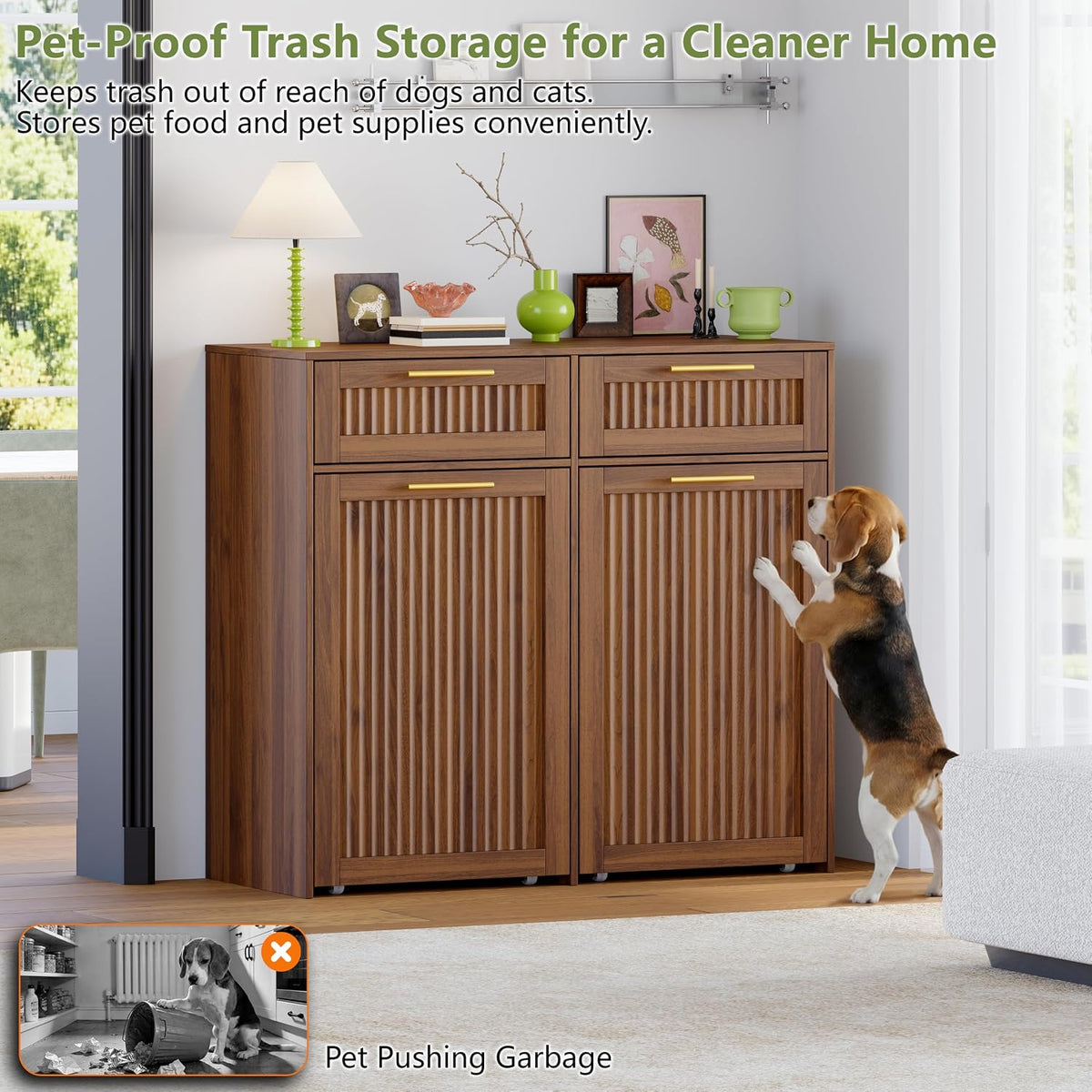 Double 13 Gallon Pull Out Trash Can Cabinet with Drawer, Garbage Cabinet