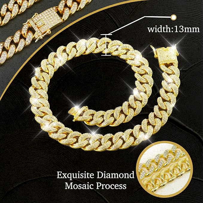 Dog Chain Designer Gold Crystal Pet Collar Cuban Link Chain with Secure Buckle Luxury Adjustable Necklacefor Small Medium Large Dogs Cats(Glod 14inch)