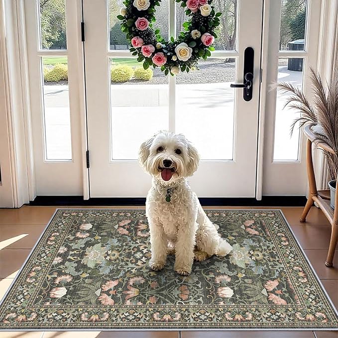 Washable 2x3 Entryway Area Rugs: Vintage Soft Floral Thin Doormat