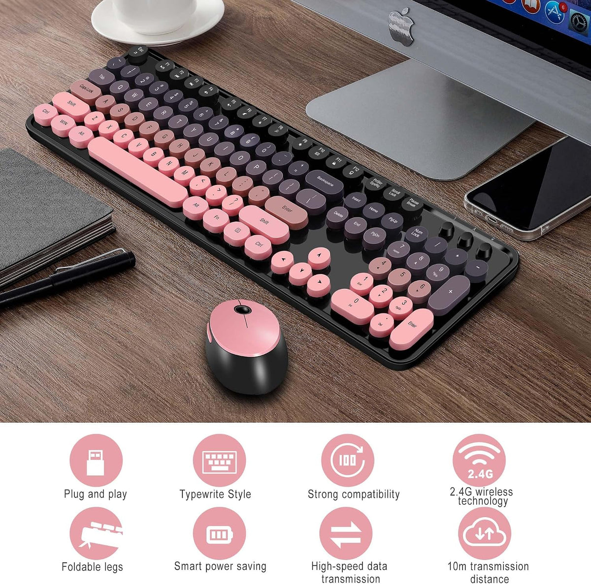 Kootop Cute Typewriter Wireless Keyboard and Mouse Combo Black and Pink